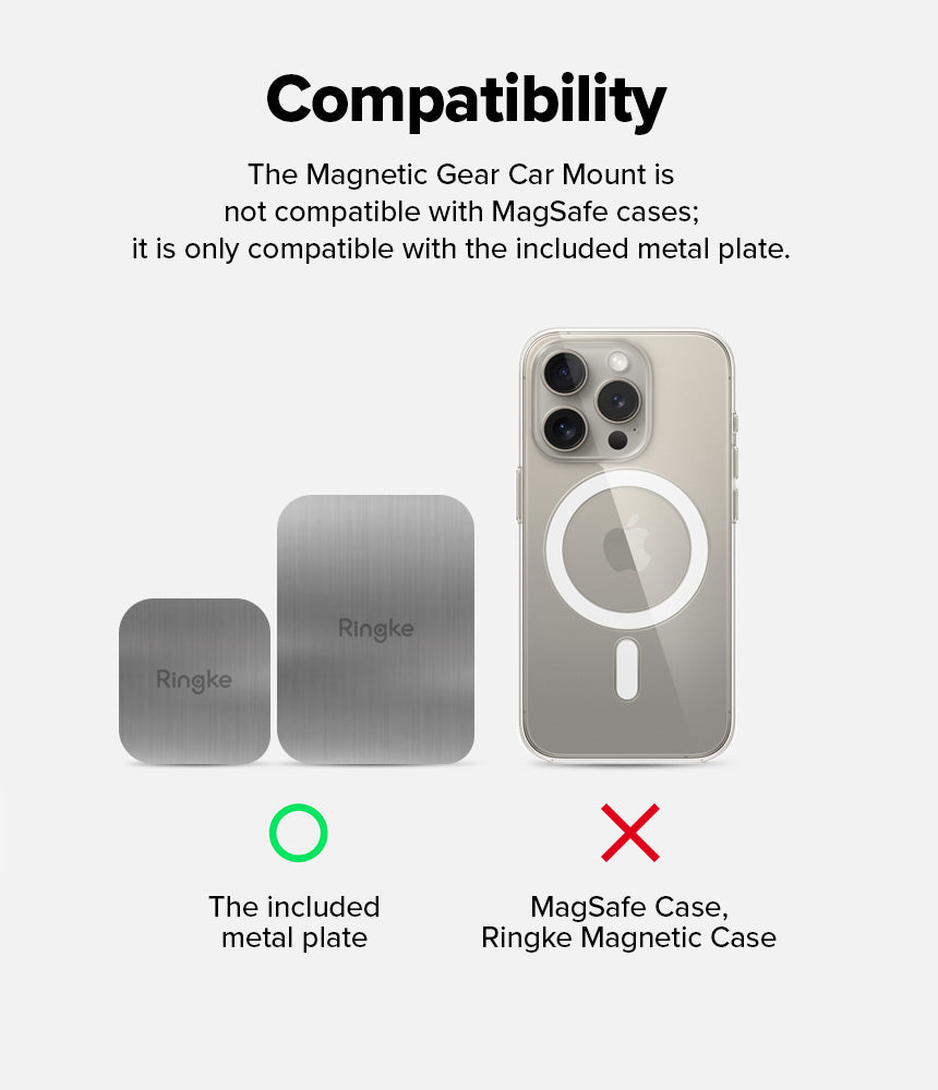 CD Slot Car Mount [2 in 1] - Metal plates with a green checkmark and a MagSafe phone case with a red X for compatibility.
