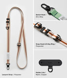 Holder Link & Snap Hook Lanyard Strap - Beige polyester strap with brown stripes, zinc alloy swivel hook, and holder link.