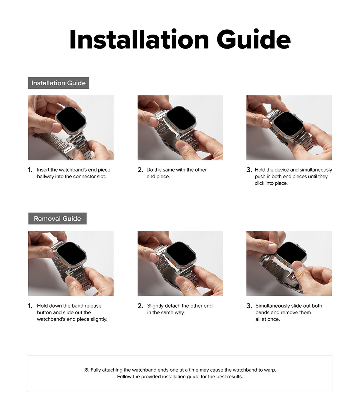 Apple Watch 49·46·45·44·42 mm | Metal One Air - Step-by-step visual guide for installing and removing a metal watch band.