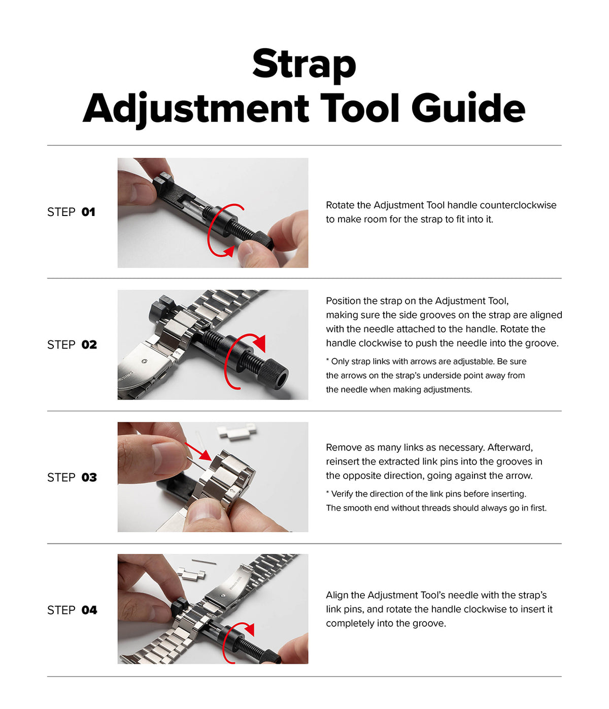 Apple Watch 49·46·45·44·42 mm | Metal One Air - Apple Watch Metal One Air - Four-step visual guide showing how to use a tool to adjust metal watch strap links.