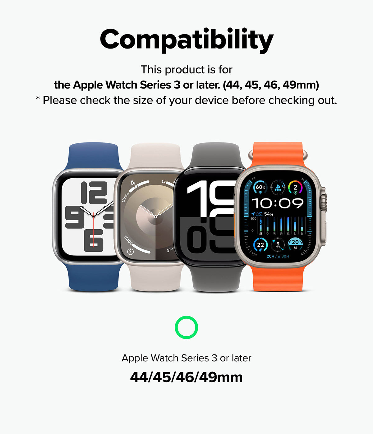 Apple Watch 49·46·45·44·42 mm | Metal One Air - Four Apple Watches with different bands showing size compatibility.