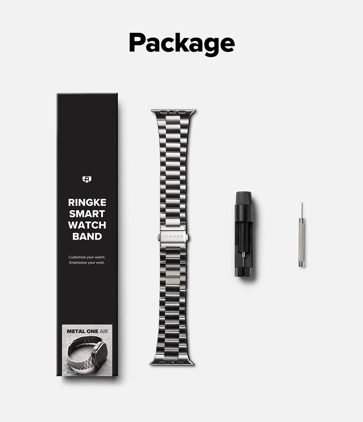 Apple Watch 49·46·45·44·42 mm | Metal One Air - Metal watch band, adjustment tool, and pin pusher in a branded box.