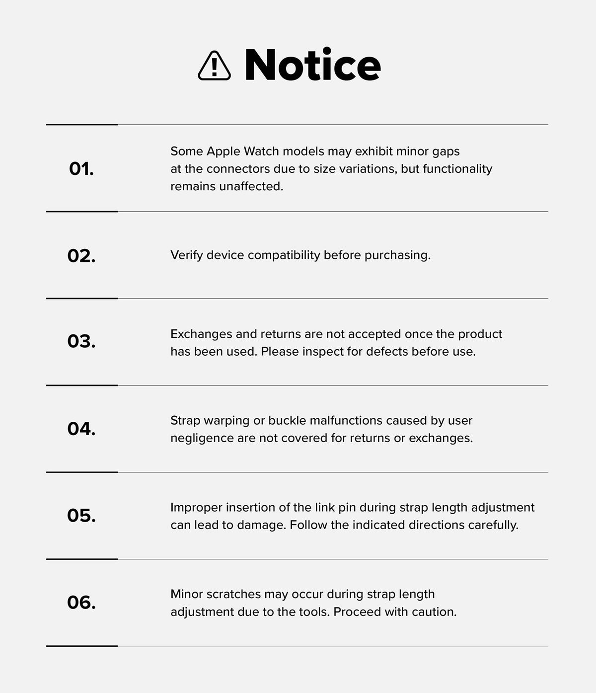 Apple Watch 49·46·45·44·42 mm | Metal One Air - A numbered list of six important product usage and policy notices.