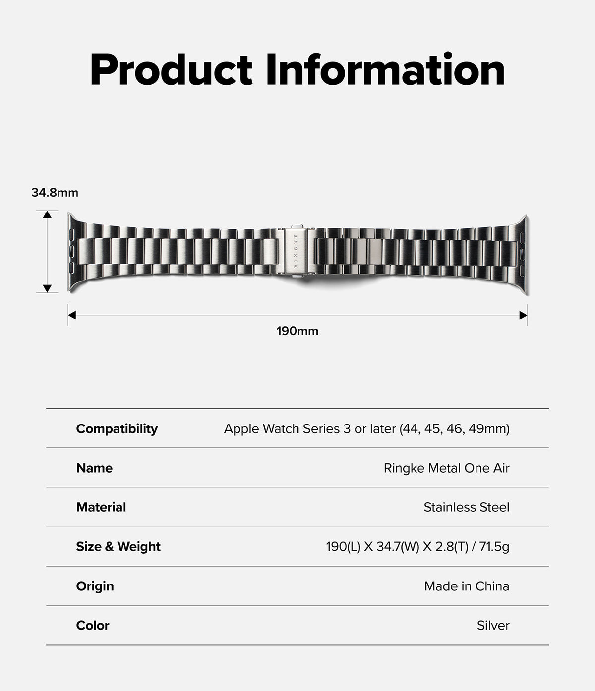 Apple Watch 49·46·45·44·42 mm | Metal One Air - Silver stainless steel watch band with dimensions and specifications.
