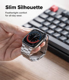 Apple Watch 49·46·45·44·42 mm | Metal One Air - Hand holding a silver metal link watch band attached to an Apple Watch.