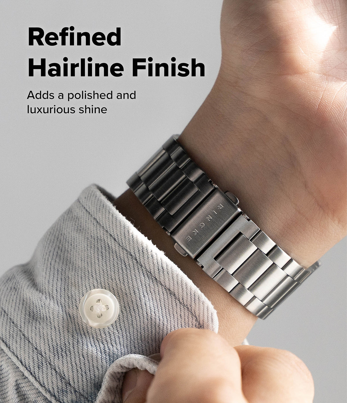 Apple Watch 49·46·45·44·42 mm | Metal One Air - Close-up of a brushed metal watch band on a wrist with Ringke branding.
