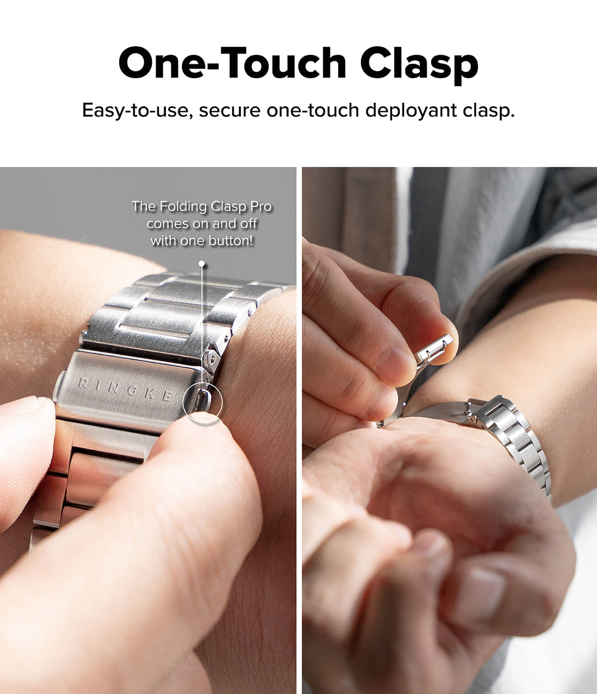 Apple Watch 49·46·45·44·42 mm | Metal One Air - Hands demonstrating the one-touch deployant clasp on a metal watch band.