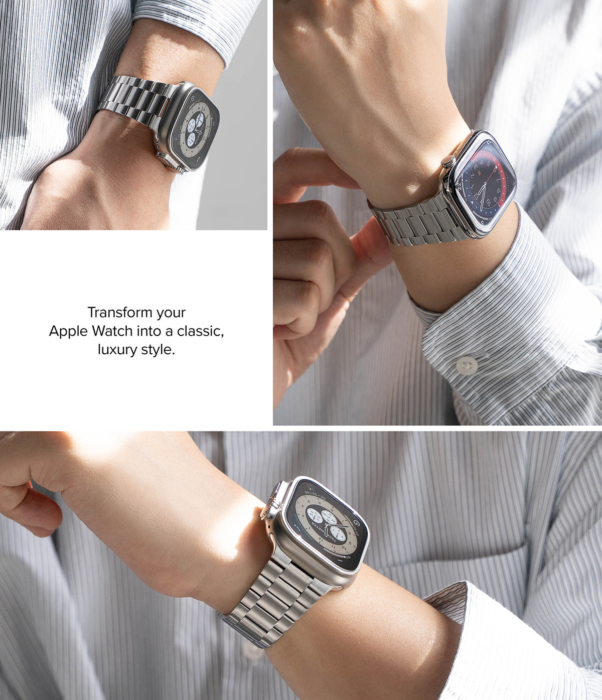 Apple Watch 49·46·45·44·42 mm | Metal One Air - Close-up shots of a silver metal link watch band on an Apple Watch.