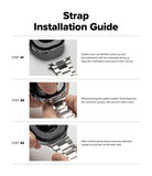 Galaxy Watch 9 / 8 | Metal One Air - A step-by-step strap installation guide for a smartwatch, showing three numbered panels with text instructions and small photos of a silver metal watch band being attached to a black watch.