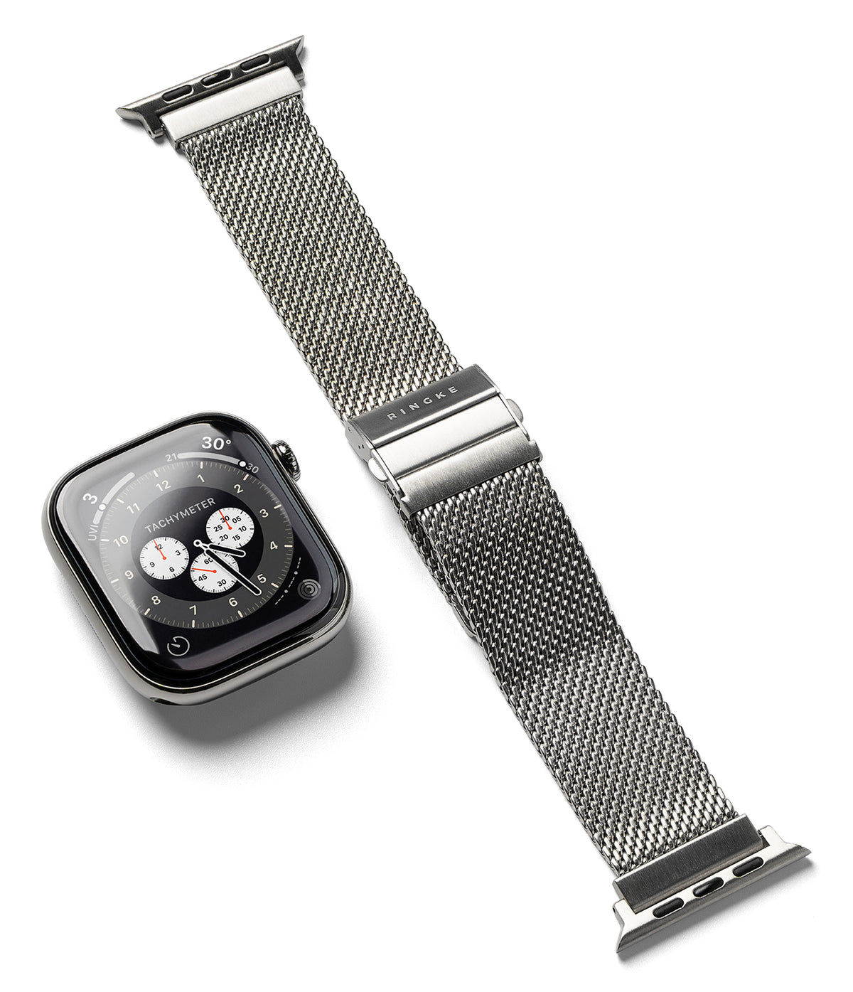 Apple Watch 49·46·45·44 mm | Metal One Mesh - A silver stainless steel mesh smartwatch band shown attached to a smartwatch, photographed on a clean white background.