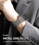 Apple Watch 49·46·45·44 mm | Metal One Mesh - A close-up of a person wearing a gray suit jacket and adjusting a smartwatch with a silver mesh band. The text overlay reads 'Ringke METAL ONE MESH for Apple Watch Series3 or later 44, 45, 46, 49mm'.