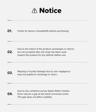 Apple Watch 49·46·45·44 mm | Metal One Mesh - A printed notice card with a warning icon and the heading 'Notice' on a light gray background. The card lists four bullet points in black text about device compatibility, return policies, and Apple Watch model size variations.