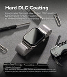Apple Watch 49·46·45·44 mm | Metal One Mesh - A silver smartwatch with a metallic mesh band is displayed on a dark textured surface, surrounded by tools and accessories. Large text at the top reads 'Hard DLC Coating' with explanatory copy about diamond-like carbon coating for luxury watches.