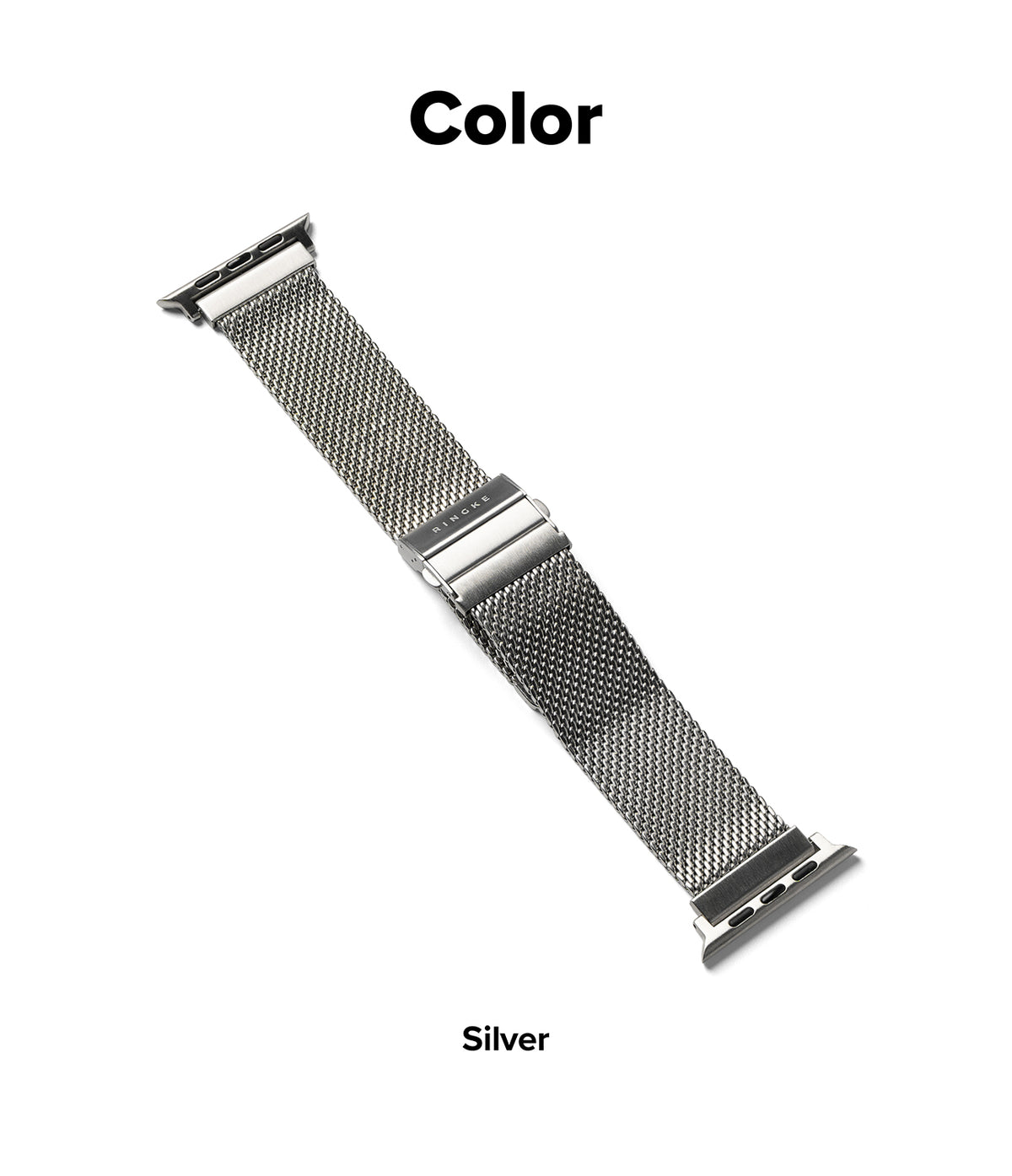 Apple Watch 49·46·45·44 mm | Metal One Mesh - A silver stainless steel mesh watch band shown diagonally on a white background, with the text 'Color' at the top and 'Silver' at the bottom.