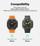 Galaxy Watch Ultra 2 / 1 | Metal One Mesh - Compatibility graphic showing two smartwatches: an orange-banded Galaxy Watch Ultra on the left and a dark olive-green/banded Galaxy Watch Ultra2 on the right, with text stating the product is for 47mm versions and size circles below each watch.