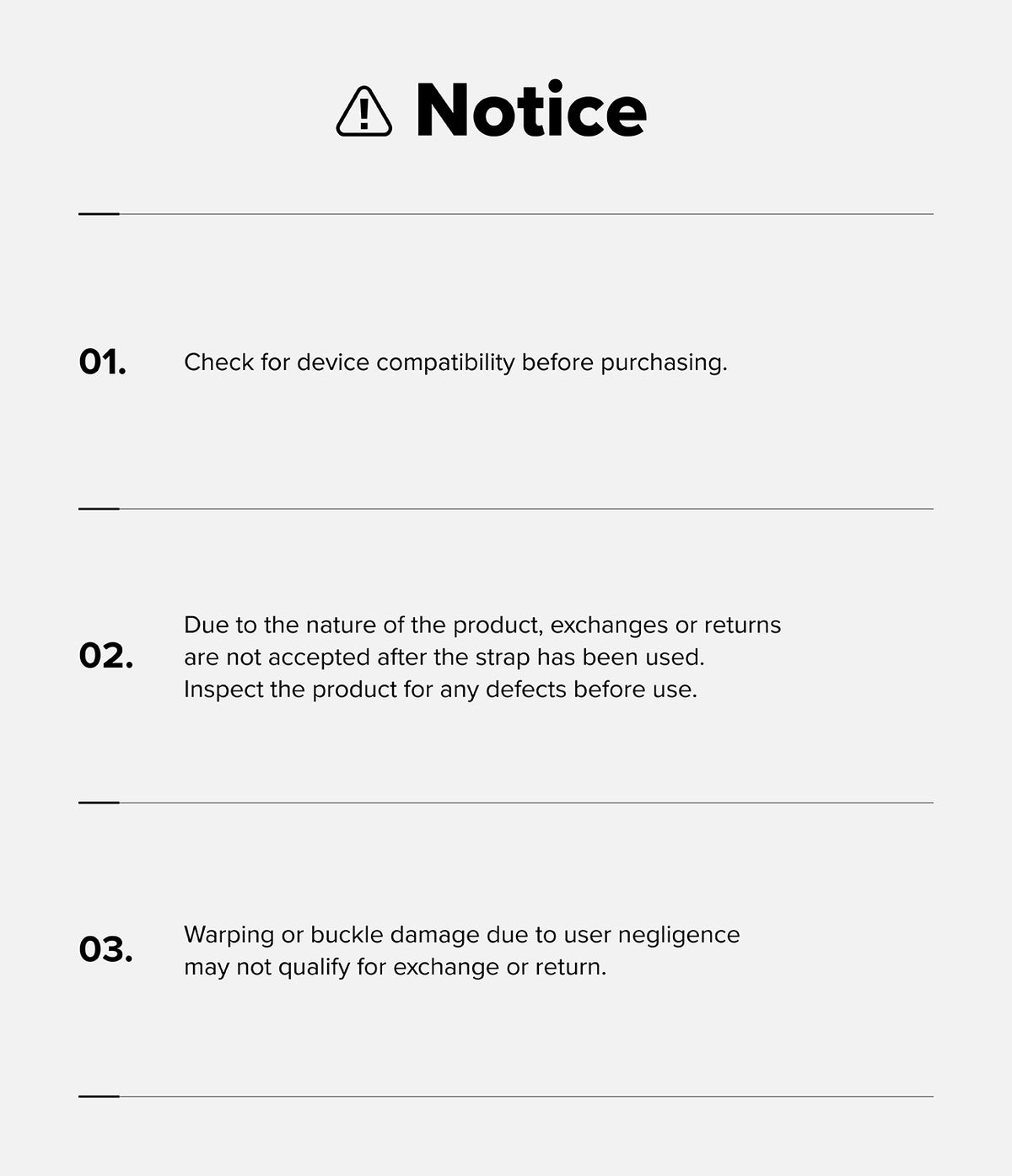 Galaxy Watch Ultra 2 / 1 | Metal One Mesh - A light gray notice card with black text and icons, titled 'Notice' at the top. It lists three points: 01.