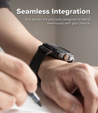 Galaxy Watch Ultra 2 / 1 | Metal One Mesh - A close-up of a smartwatch with a black mesh band worn on a person's wrist, with overlaid text reading 'Seamless Integration' and smaller copy about end pieces blending seamlessly with the device.