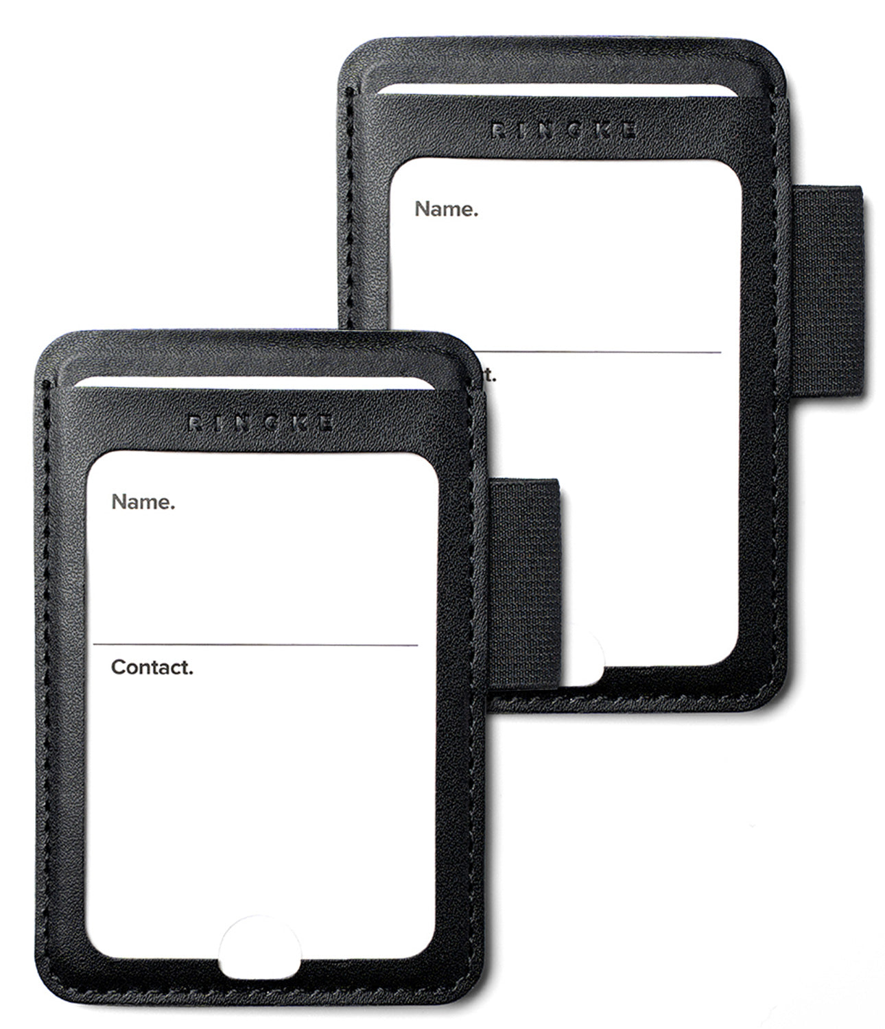 Pen Holder | Name Tag (2P) - Two black leather luggage tags with white insert cards and black elastic loops, shown on a plain white background.