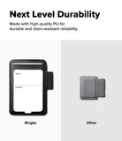 Pen Holder | Name Tag (2P) - Promotional comparison graphic showing a black phone case with a card slot labeled 'Ringke' on the left and a gray phone case labeled 'Other' on the right, under the headline 'Next Level Durability' with text about high-quality PU material.