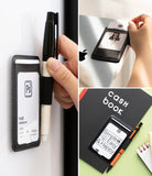 Pen Holder | Name Tag (2P) - A collage showing a black magnetic card holder with a pen attached, used on a whiteboard, held in a hand, and displayed on a notebook next to a cash book.