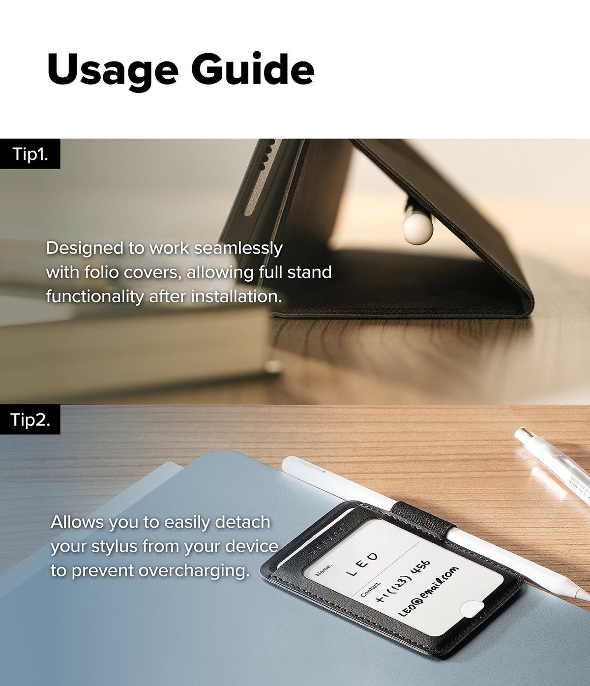 Pen Holder | Name Tag (2P) - A usage guide infographic showing two tips for using a black leather stylus case with a smartphone. The top panel shows the case partially open on a wooden desk, and the bottom panel shows the case open on a blue notebook with a stylus attached to its card slot.