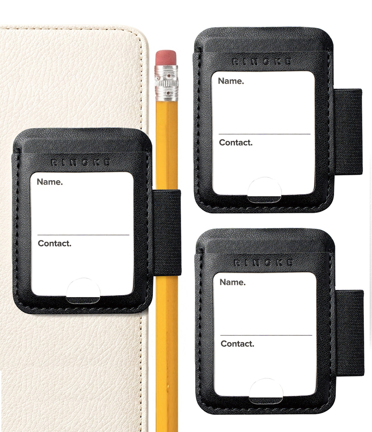 Pen Holder | Name Tag (2P) - Three black leather contact card holders with elastic loops, shown on a white background. One holder is attached to a cream-colored textured folio, and another is shown with a yellow pencil inserted.