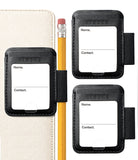 Pen Holder | Name Tag (2P) - Three black leather contact card holders with elastic loops, shown on a white background. One holder is attached to a cream-colored textured folio, and another is shown with a yellow pencil inserted.