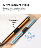 Pen Holder | Name Tag (2P) - A promotional product graphic showing two pencils on a desk: a slim yellow pencil labeled 6.8mm and a thicker blue-and-white pencil labeled ~12.