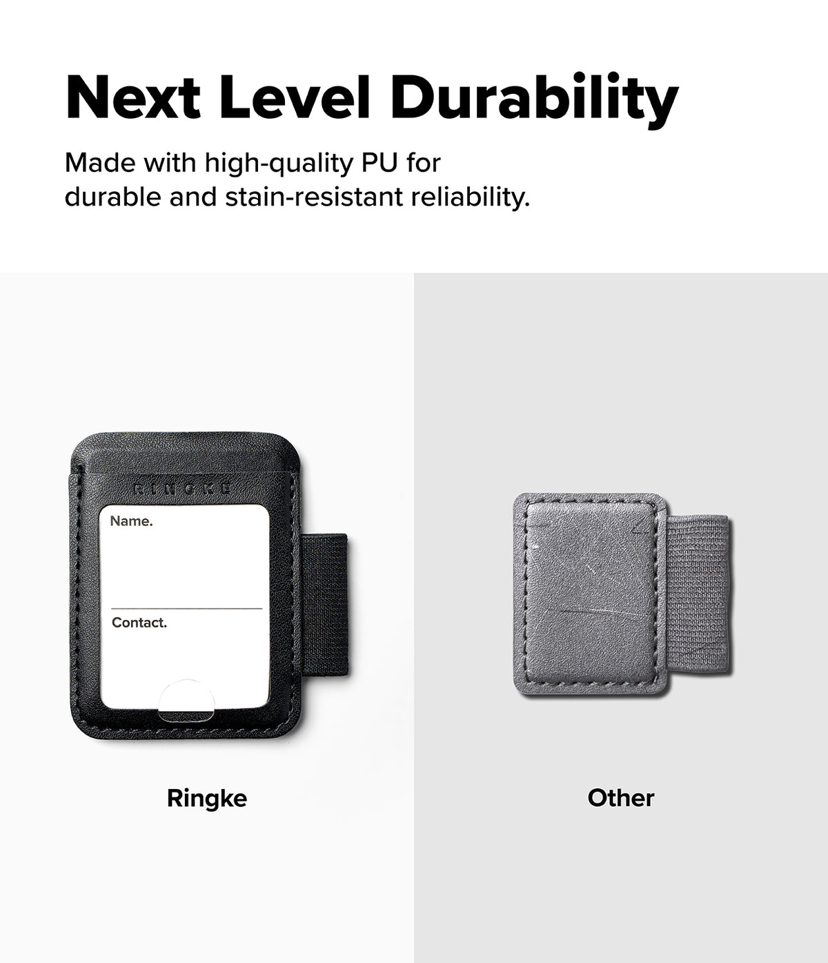 Pen Holder | Name Tag (2P) - Promotional graphic showing two armband phone cases side by side on a light gray background with headline text about durability. The left case is black and labeled 'Ringke' with a white insert card, and the right case is gray and labeled 'Other'.