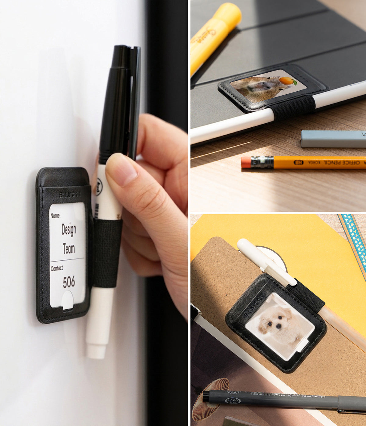 Pen Holder | Name Tag (2P) - A collage showing a black magnetic ID holder with a clear window, attached to a whiteboard with a black marker. The right side shows the ID holder in several other settings: on a desk with a laptop and pencil, on a notebook with a dog photo, and on a phone case.