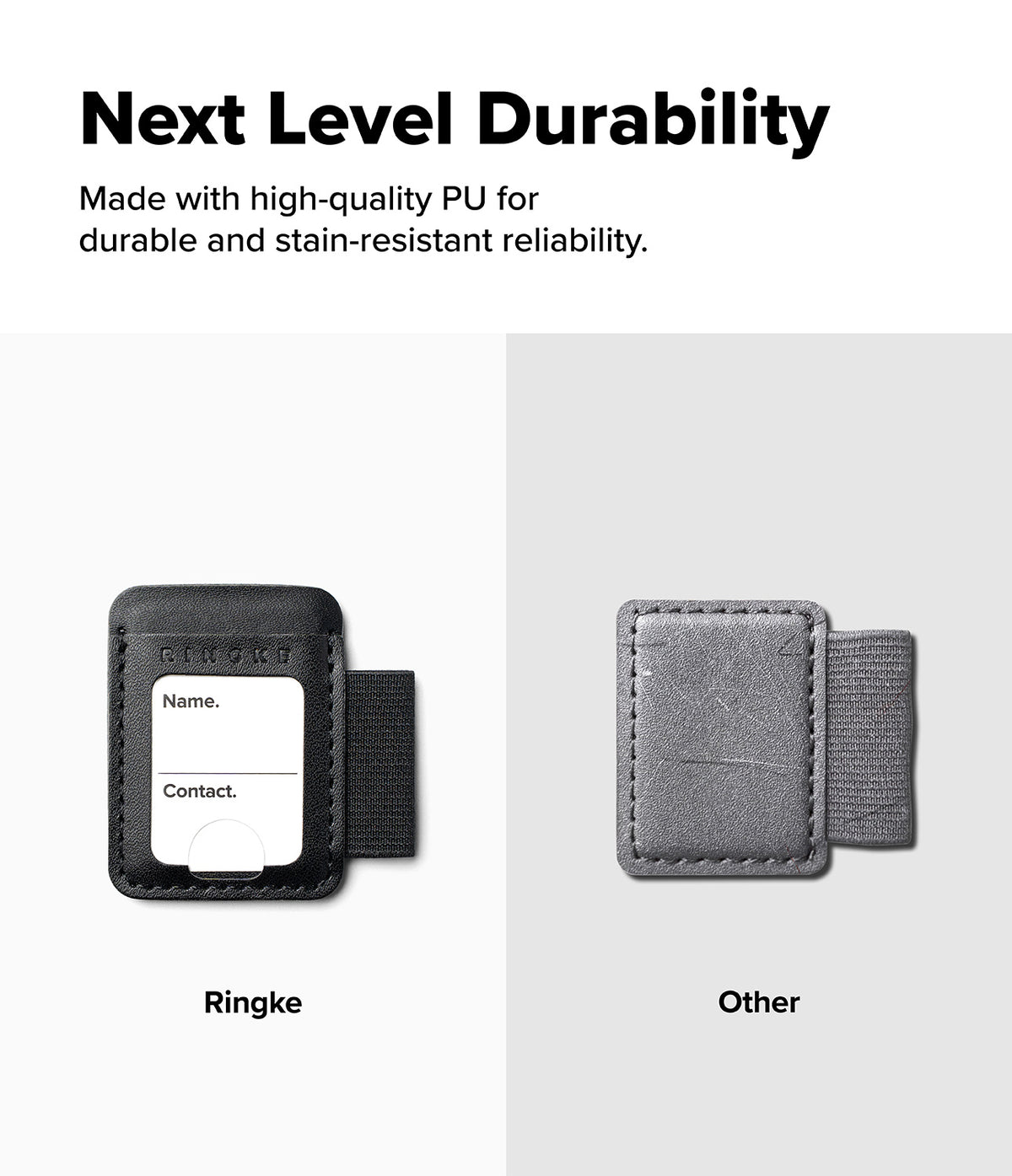 Pen Holder | Name Tag (2P) - Promotional comparison graphic showing a black ring holder labeled 'Ringke' on the left and a gray ring holder labeled 'Other' on the right, with headline text reading 'Next Level Durability' and supporting copy about durable and stain-resistant reliability.