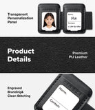 Pen Holder | Name Tag (2P) - A promotional product graphic for a black PU leather luggage tag or ID holder with a transparent personalized panel. The layout includes text callouts reading 'Transparent Personalization Panel,' 'Product Details,' and 'Premium PU Leather,' plus close-up views of the front and back.