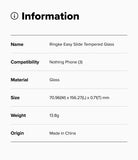 Nothing Phone (3) Screen Protector | Easy Slide Tempered Glass - Nothing Phone (3) Screen Protector - Information table listing product name, compatibility, material, size, weight, and origin.