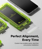 Nothing Phone (3) Screen Protector | Easy Slide Tempered Glass - Nothing Phone (3) Screen Protector - Neon green installation tray with tempered glass for a smartphone on a gray surface.
