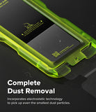 Nothing Phone (3) Screen Protector | Easy Slide Tempered Glass - Nothing Phone (3) Screen Protector - Neon green installation tray for screen protector with dust removal instructions.