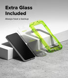Nothing Phone (3) Screen Protector | Easy Slide Tempered Glass - Nothing Phone (3) Screen Protector - Smartphone, tempered glass, and green installation frame on a concrete surface.