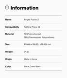 Nothing Phone (3) Case | Fusion-X - Information table listing product name, compatibility, materials, dimensions, weight, and color.