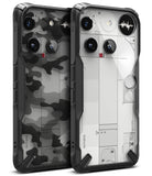 Nothing Phone (3) Case | Fusion-X - Two Nothing Phone (3) devices in black rugged cases with clear and camo back designs.