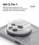 Nothing Phone (3a) Pro | Camera Glass - Two transparent glass protectors hovering above the phone's camera module.