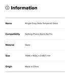Nothing Phone (3a) / (3a) Pro Screen Protector | Easy Slide Tempered Glass - Information table listing product name, compatibility, material, and size.