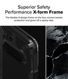 Nothing Phone (3a) Case | Fusion-X - Close-up of a black phone case corner with a reinforced X-shaped frame design next to rock textures.