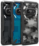 Nothing Phone (3a) Case | Fusion-X - Three rugged phone cases in black, blue, and camo, showcasing camera cutouts and light strips.