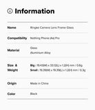 Nothing Phone (4a) Pro | Camera Glass (2P) - Information table listing product name, compatibility, material, size, weight, origin, and color.