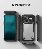 Nothing Phone (4a) Pro Case | Fusion-X - Exploded view of a black rugged phone case surrounding a Nothing smartphone.