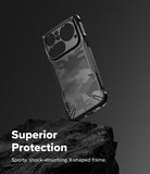 Nothing Phone (4a) Pro Case | Fusion-X - Black camouflage phone case with a rugged, shock-absorbing frame on a rock.