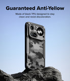 Nothing Phone (4a) Pro Case | Fusion-X - Black camo-patterned phone case standing on a rock against a blue sky.
