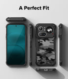 Nothing Phone (4a) Pro Case | Fusion-X - Exploded view of a black rugged phone case with a camo back on a Nothing phone.