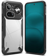 Nothing Phone (4a) Pro Case | Fusion-X - Rugged black protective case on a Nothing phone with a clear back and teal screen.