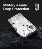 Nothing Phone (1) Case | Fusion-X - Clear phone case on dark, rocky ground with debris flying, highlighting military-grade protection.