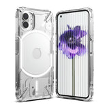 Nothing Phone (1) Case | Fusion-X - Clear protective case on a Nothing Phone (1) showing back and front views with a flower wallpaper.
